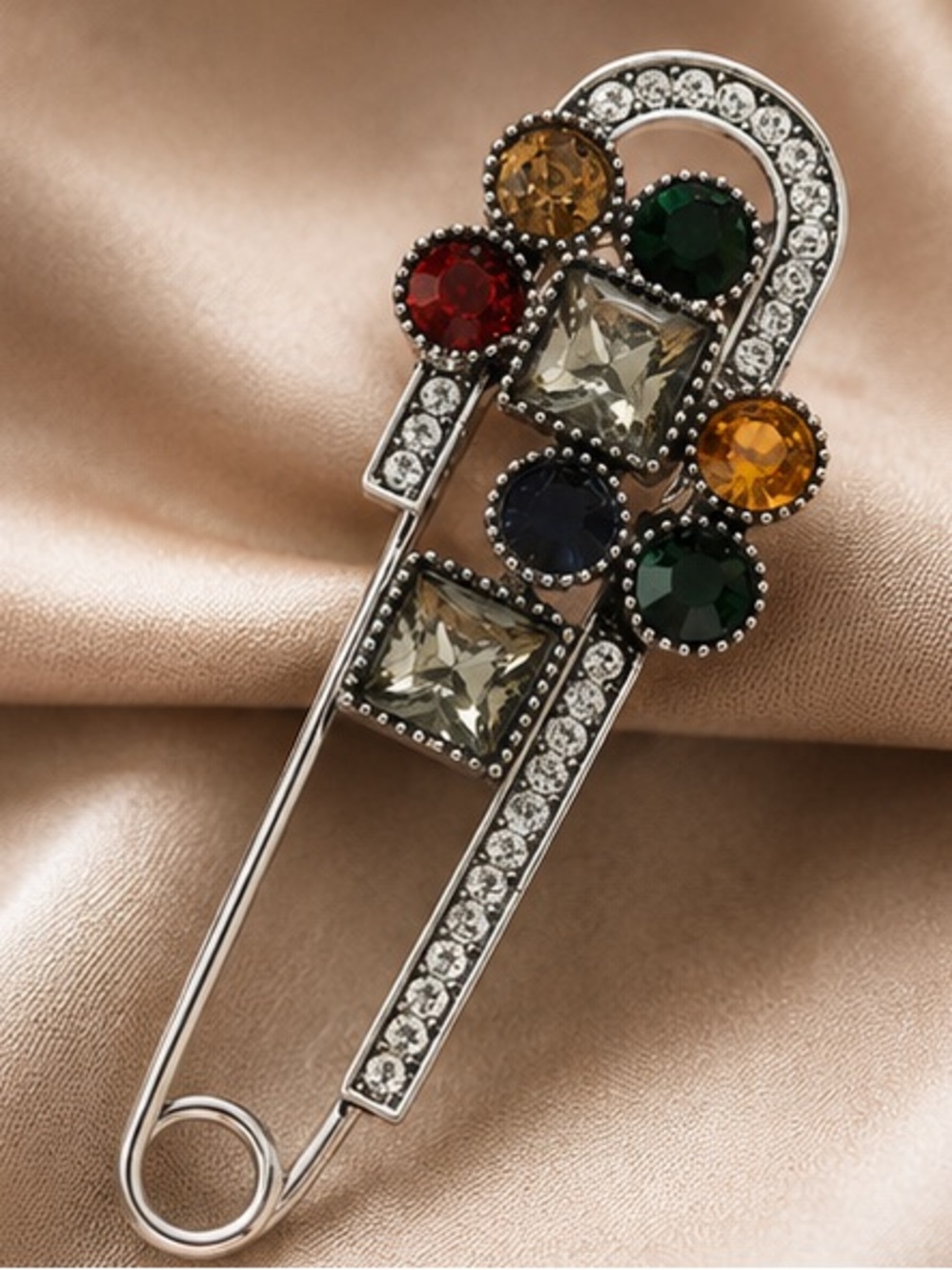 Vintage Jeweled Safety Pin Brooch | Statement Rhinestone Pin